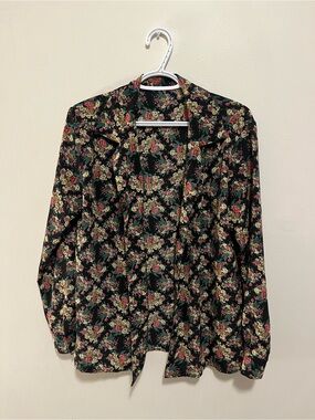 Vintage Black Floral Button Up Blouse Long Sleeve